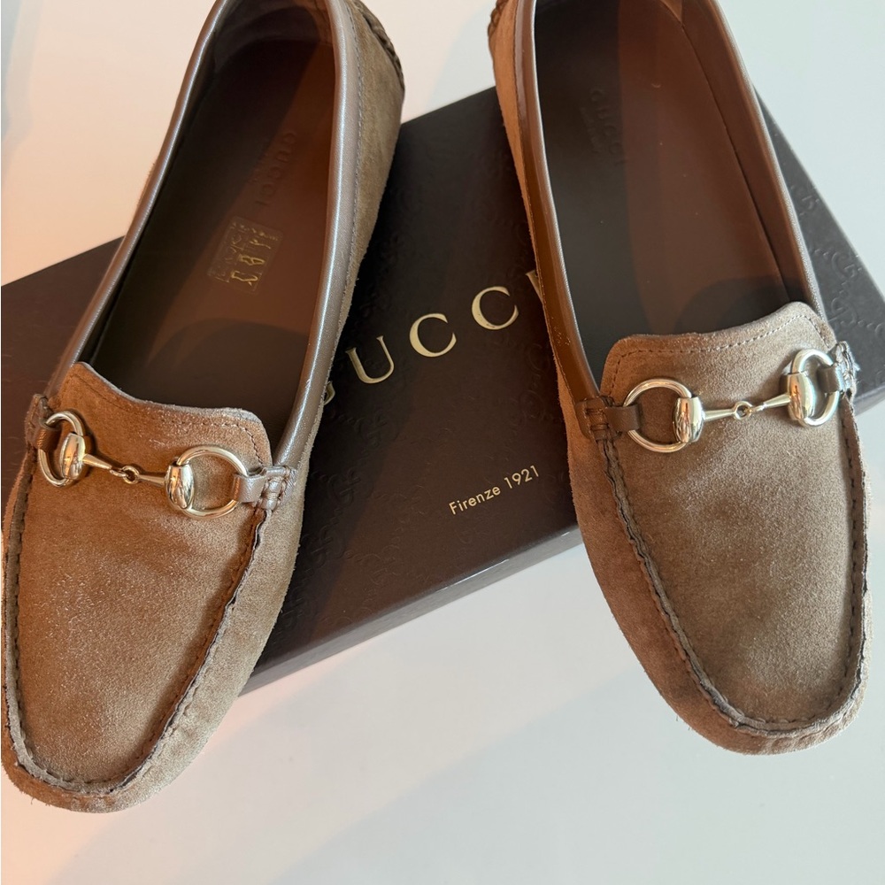 Gucci Women's Tan Suede Loafers with Gold accent